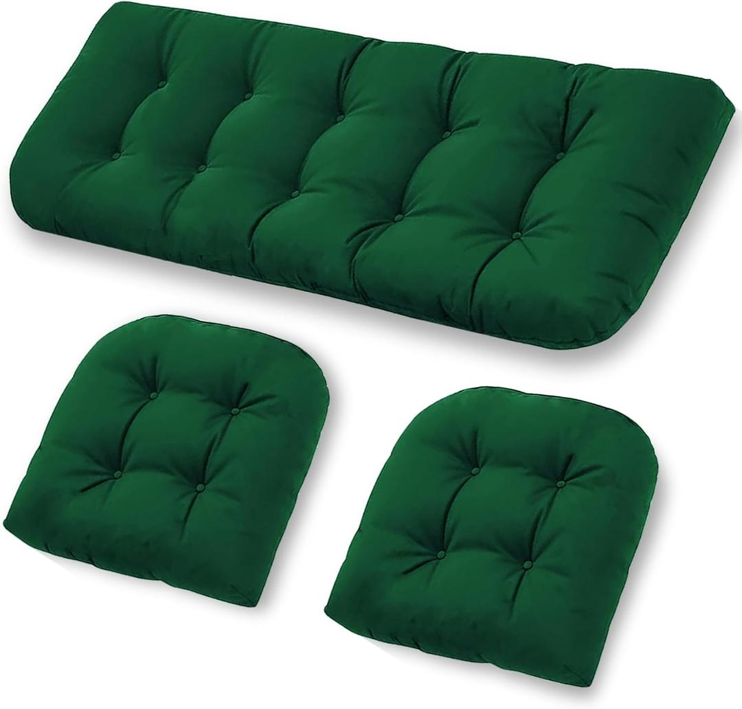 Wicker Chair Cushions Set of 3, Waterproof Outdoor Cushions Set for Patio Furniture, 1 Loveseat & 2 Seat Pads, Thick Outdoor Replacement Cushions for Porch Lawn Bench Couch Sofa, Emerald