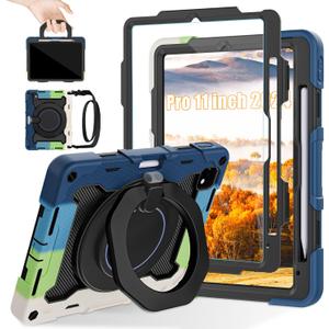 ROISKIN for iPad Pro 11 inch Case (M5/M4 (2025/2024)), Pro 11'' 6th/5th Gen -with HD Screen Protector, 360 Kickstand/Handle, Shoulder Strap, Pen Holder, Heavy Duty Military Grade - Kids Friendly (Black+Blue)