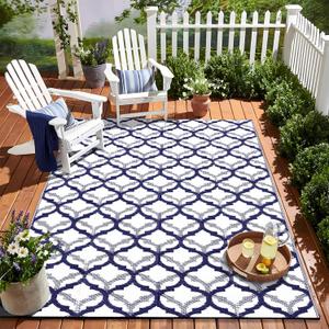 OLANLY Reversible Outdoor Rug 5x8 ft Clearance, Waterproof Outdoor Plastic Straw Rug with Interlacing Pattern, RV Mat for Patio, Camping, Balcony, Deck, Backyard, Navy & White