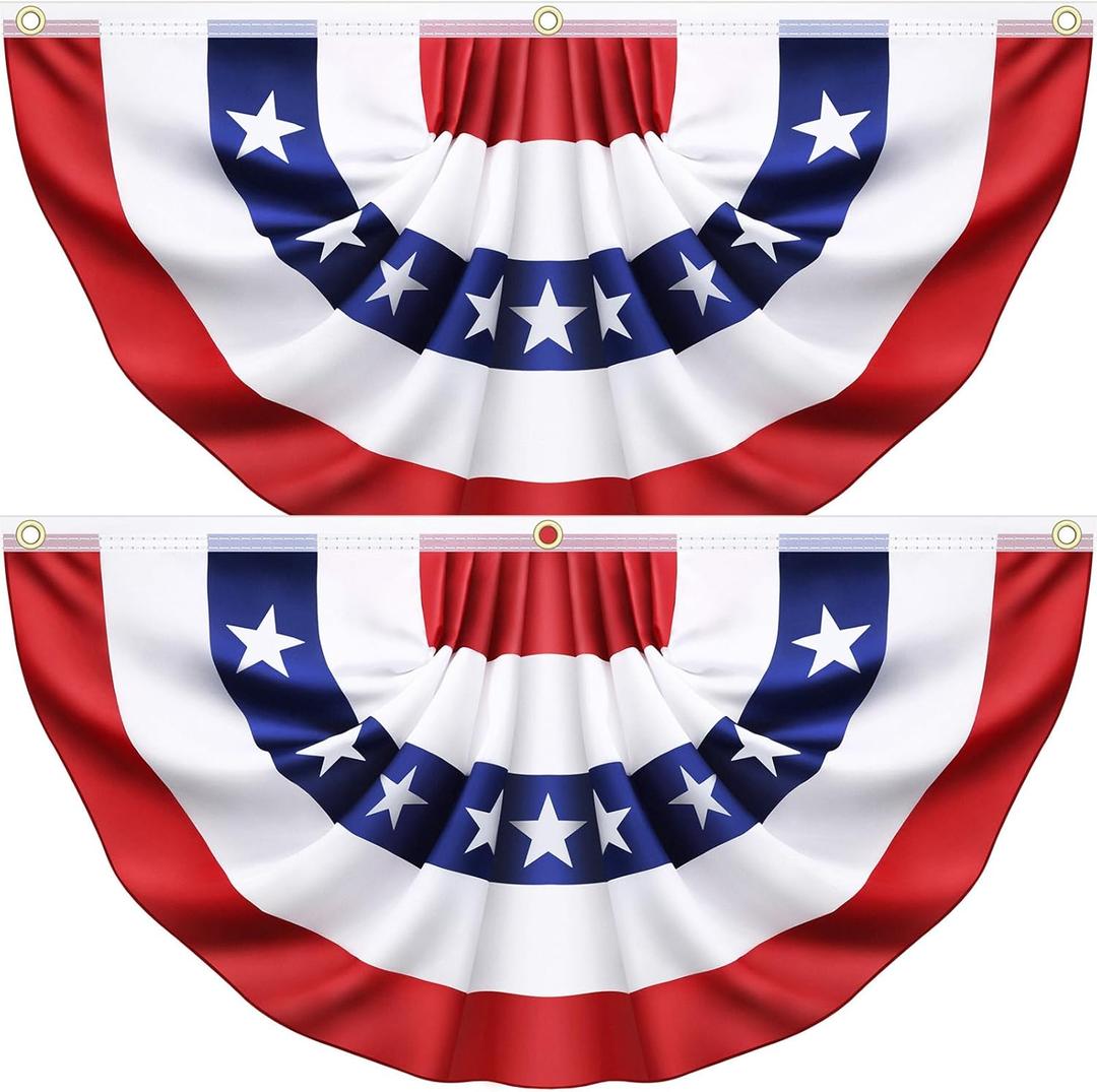 2 Pack 3x6 Ft American Pleated Fan Flag, USA Patriotic Flag Bunting Half Fan Banner for Outside Red White and Blue Decor Memorial Day Independence Day 4th of july Decorations 