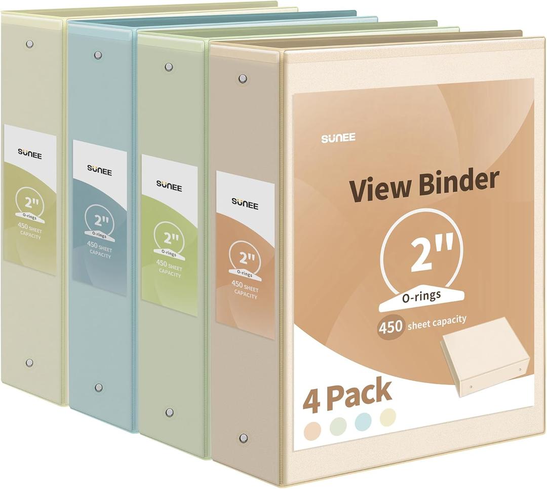 SUNEE 3 Ring Binder 2 Inch 4 Pack, Clear View Binder Three Ring PVC-Free (Fit 8.5x11 Inches) for School or Office Supplies, Neutral Aesthetic