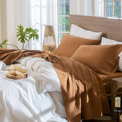 MooMee Bedding Sheet Set 100% Washed Cotton Linen Like Textured Breathable Durable Soft Comfy (Solid Dark Orange, Queen)
