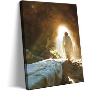 Framed Easter Jesus Canvas Wall Art, Christian Jesus Leaves the Tomb Wall Decor Painting, Religion Bible Savior Resurrection Poster Print Picture for Church Prayer Room Living Room 24x36 Inch