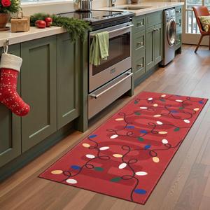 jinchan Jingle Lights Christmas Runner Rug 2x5 for Kitchen Red Holiday Rug for Hallway Bathroom Colored String Lights Pattern Xmas Decor Washable Runner for Entryway Laundry Room Bedroom Non-Slip