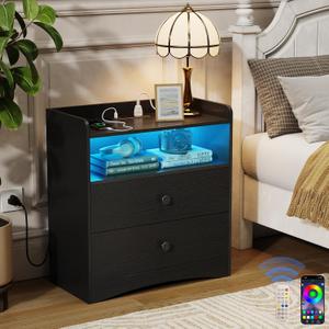 Memobarco Nightstand with Charging Station and LED Light,Modern Nightstand with USB Ports and Outlets,Wooden Bedside Tables with 2 Storage Drawers,Small Dresser for Bedroom Small Space, Black