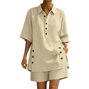 Linen Sets for Women 2 Piece Short Sleeve Shirts Wide Leg Shorts Matching Set, Casual 2 Piece Outfit for Summer Beach, XL