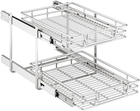 QUYUWU 2-Tier Kitchen Cabinet Pull Out Shelf and Drawer Organizer Slide Out Pantry Storaqe Basket in Multiple Sizes (16" W x 21" D)