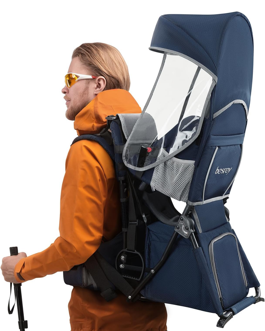 besrey Baby Backpack Carrier, Toddler Hiking Backpack with Safety 3-Height Seat, Adjustable Straps&Waist Belt, Foldable Frame Lightweight Large Capacity Child Carrier for Hiking (Blue/Grey)