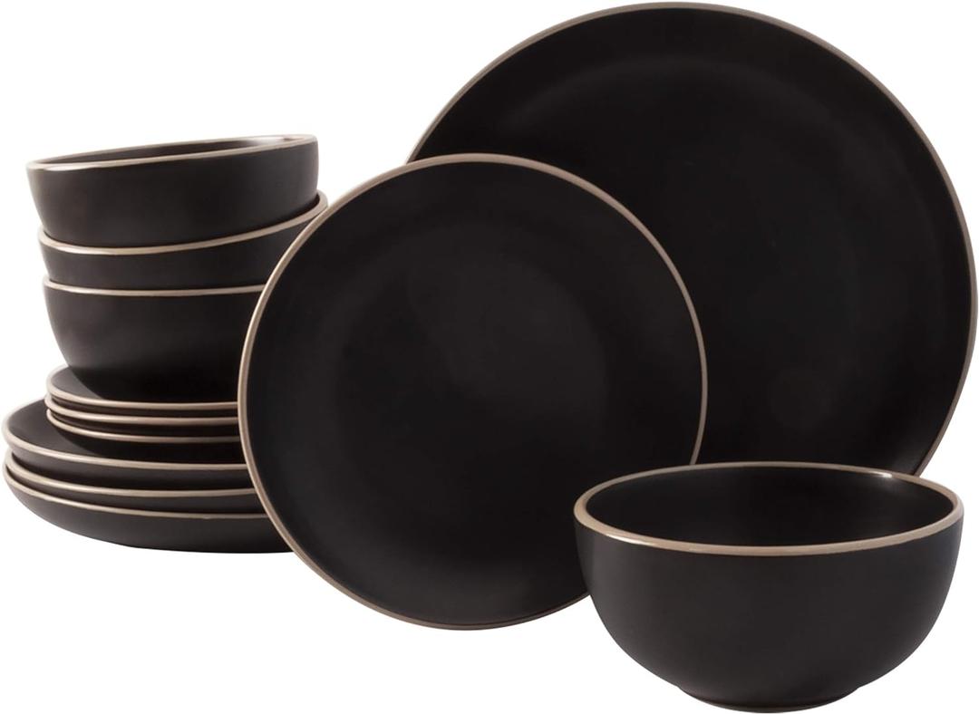 Gibson Home Rockaway 12-Piece Stoneware Dinnerware Set, Service for 4  Modern Round Plates and Bowls, Dishwasher & Microwave Safe, Black