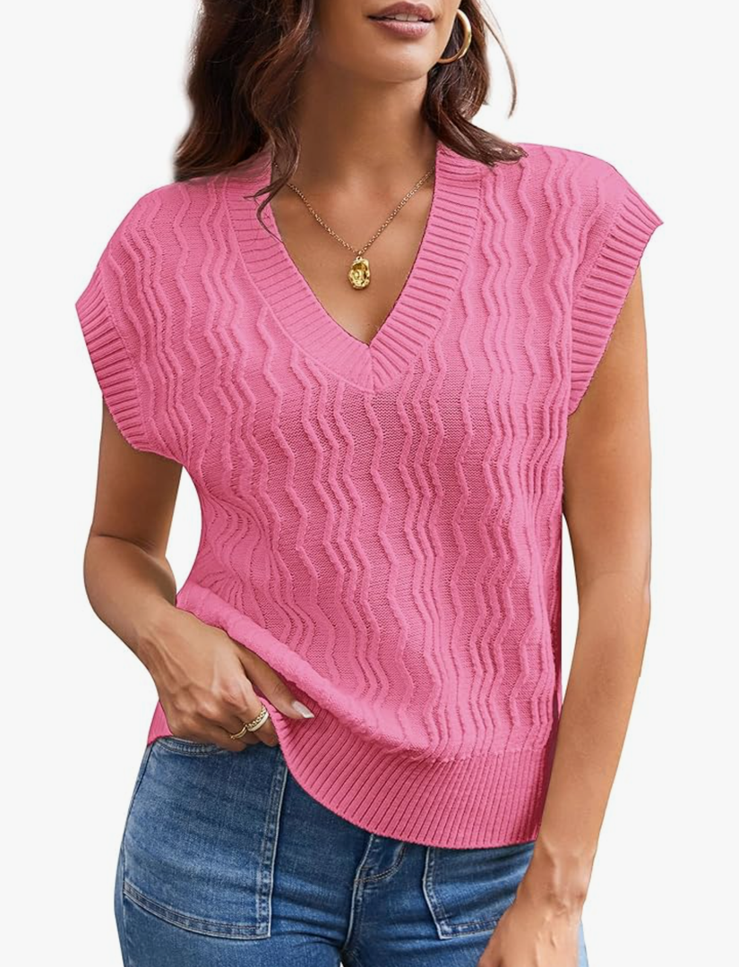 GRACE KARIN Womens V Neck Sweater Vest Ribbed Knit Casual Cap Sleeve Loose Fit Pullover Tops Fall Clothes 2024, Large