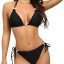Women's Halter Triangle Bikini Set Tie Side String Bathing Suit Two Piece Cheeky Thong Swimsuit for Women (Black, M)