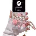 Case for Motorola Razr 2026/2025/2024 Cover,Cute Luxury 3D Crystal Rhinestone Diamond Flowers Sparkle Stunning Stones Pearl with Wrist Strap Women Girls for Moto Razr 2026/2025/2026 5G