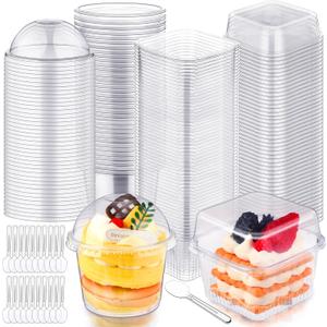 Jingmore 400 Pcs Plastic Dessert Cups with Lids and Spoons, 8 oz 9 oz Clear Dessert Parfait Appetizer Cups Square Disposable Party Serving for Yogurt Puddings Fruits Ice Creams Cakes