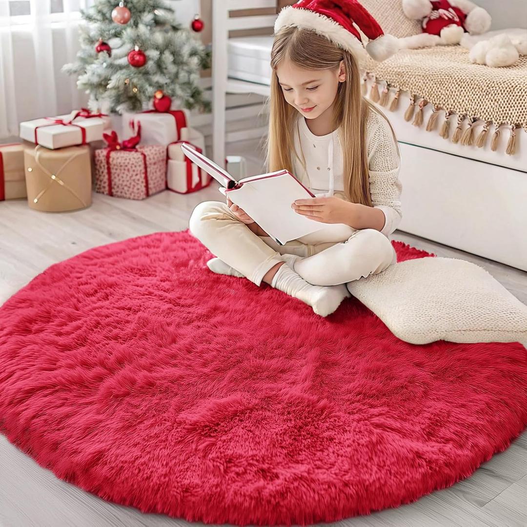 OLANLY Red Round Rugs for Bedroom - Machine Washable, 4 ft Circle Area Rugs for Living Room, Soft and Fluffy Shaggy Carpet for Teen Girls and Boys, Nursery Rooms, Dorms, Home Decor Aesthetic