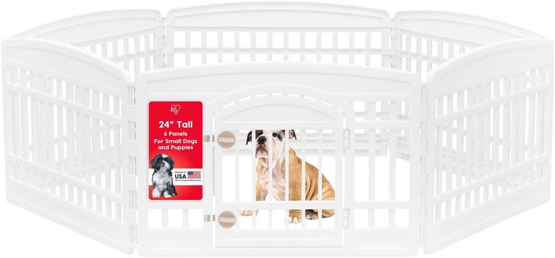 IRIS USA Dog Playpen with Door, 24 6 Panel Pet Exercise Pen  Indoor Outdoor Puppy Play Pen, Portable Plastic Pet Fence for Small Medium Dogs, Foldable 61 x 61 x 24, White