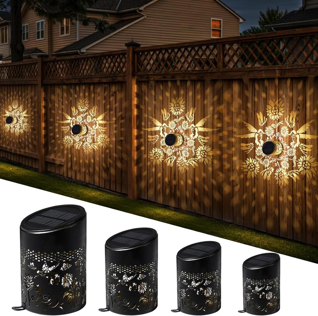 Solar Outdoor Fence Lights Decoration 4 Pack, Solar Wall Deck Step Lights Outdoor Garden Decor with Hummingbird Sunflower Theme for Yard Art Porch Patio Backyard, Gifts for Mom Women