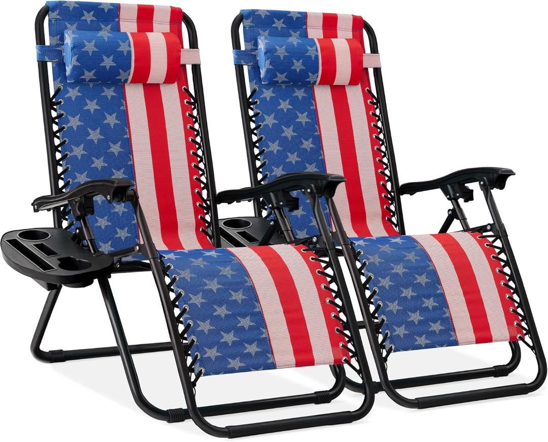 Best Choice Products Set of 2 Adjustable Steel Mesh Zero Gravity Lounge Chair Recliners w/Pillows and Cup Holder Trays - American Flag