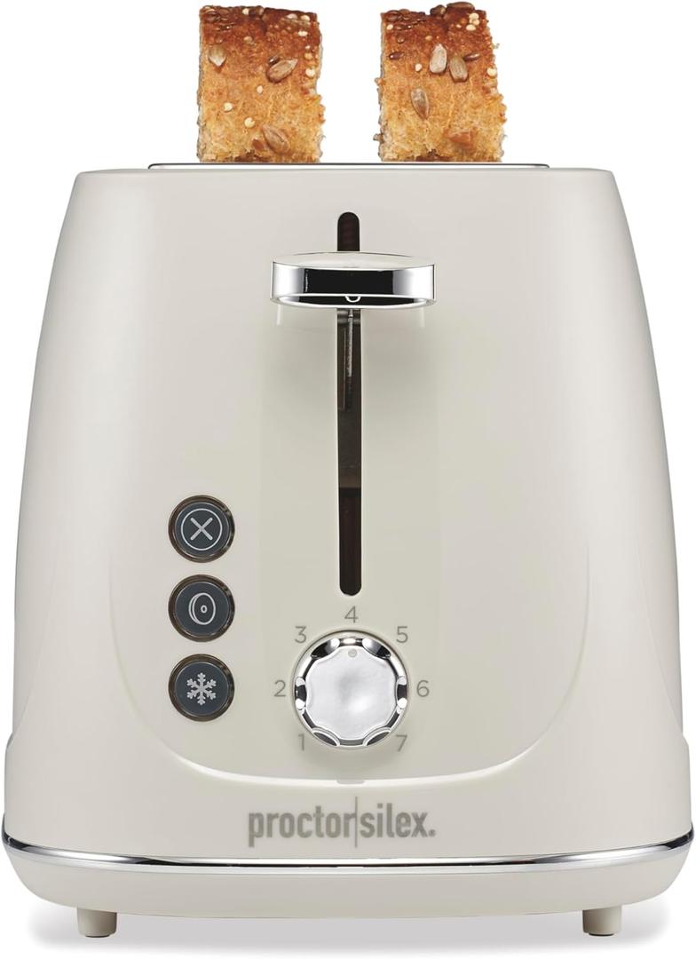 Proctor Silex Plastic 2 Slice Toaster, Bagel, Defrost & Cancel Buttons, Browning Control With 7 Shades, Auto Shutoff, Slide-Out Crumb Tray, Oat White (22660)