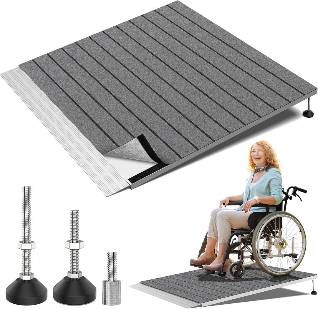 Threshold Ramps for Wheelchairs, Adjustable Height 3.3"-6.6" and 36"36" Platform Aluminum Wheelchair Ramp, Door Threshold Ramps with a Non-Slip Thick Door Mat for Scooters, Power Chairs, Cart