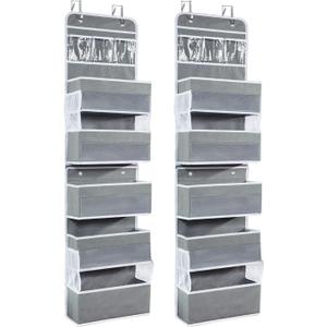 2 Packs 6-Shelf Over The Door Organizer, Flexible 1 Split into 2(4 Packs 3-Shelf) Hanging Storage Wall Mount with 4 Side Pockets, Swing-Proof Behind Door for Bathroom Closet, Grey