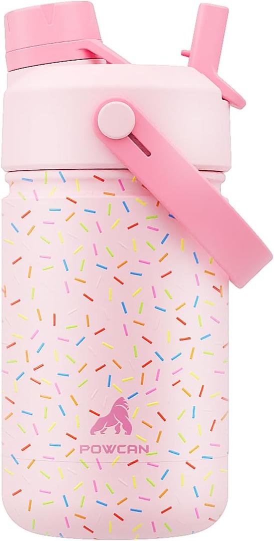 12 oz Kids Water Bottle for School: 2-in-1 Straw Spout Lid, Leakproof, BPA-Free, Easy Carry, Keep Cold 24H, Insulated Stainless Steel Cup for Sports, Camping, Gift for Girls Daughters (Pink Confetti)