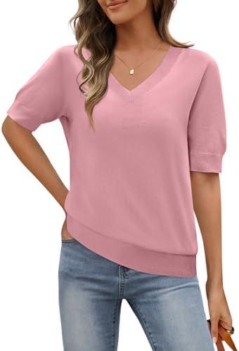MEROKEETY Women's Short Sleeve Sweater Summer Business Casual Tops V Neck Lightweight Knit Work Shirts XL