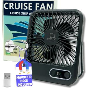 Cruise Fan Cabin Approved - Magnetic Hook Included To Hang On Walls - Portable USB Rechargeable & Plug-In, Timer Function & 5-Speed Adjustable, White Noise, Long Battery Life, Perfect for 2025 Cruises (Black - 2000mAh Battery)