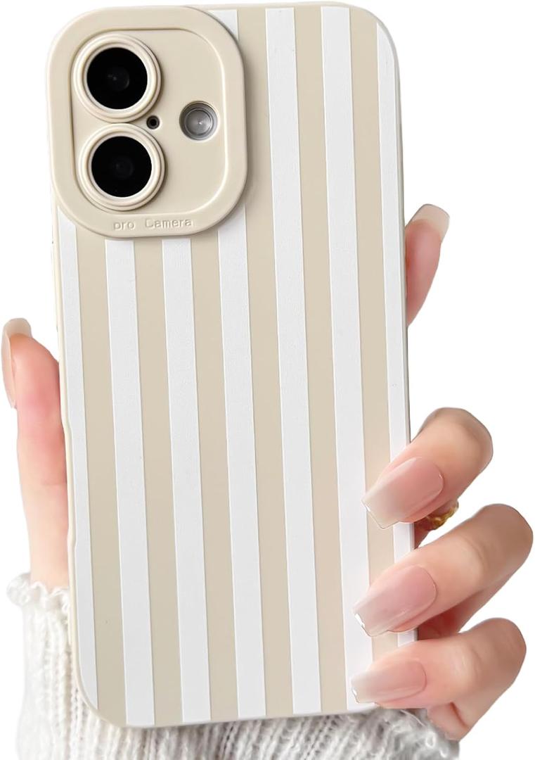 NITITOP Compatible with iPhone 16 Plus Case Cute Stylish Line Stripe Pattern Design for Women Girls Soft TPU Shockproof Full Camera Protective Phone Cover - White