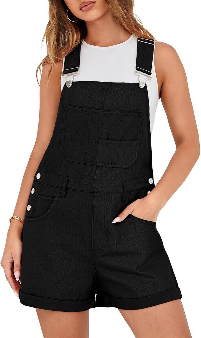 Lepunuo Rompers for Women Denim Overalls Summer Adjustable Casual Loose Fit Bib Jeans Short Jumpsuits Outfits (Black, S)