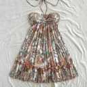 MakeMeChic Women's Paisley Print Ruched Halter Mini Dress Ruffle Tiered A Line Boho Dresses Khaki, Large