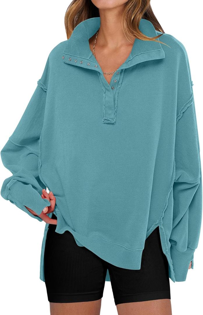 ANRABESS Women's Sweatshirts Oversized Casual Loose Button Up Henley Pullover Top High Low Split 2025 Fall Fashion Outfits (X-Large, Lake Green)