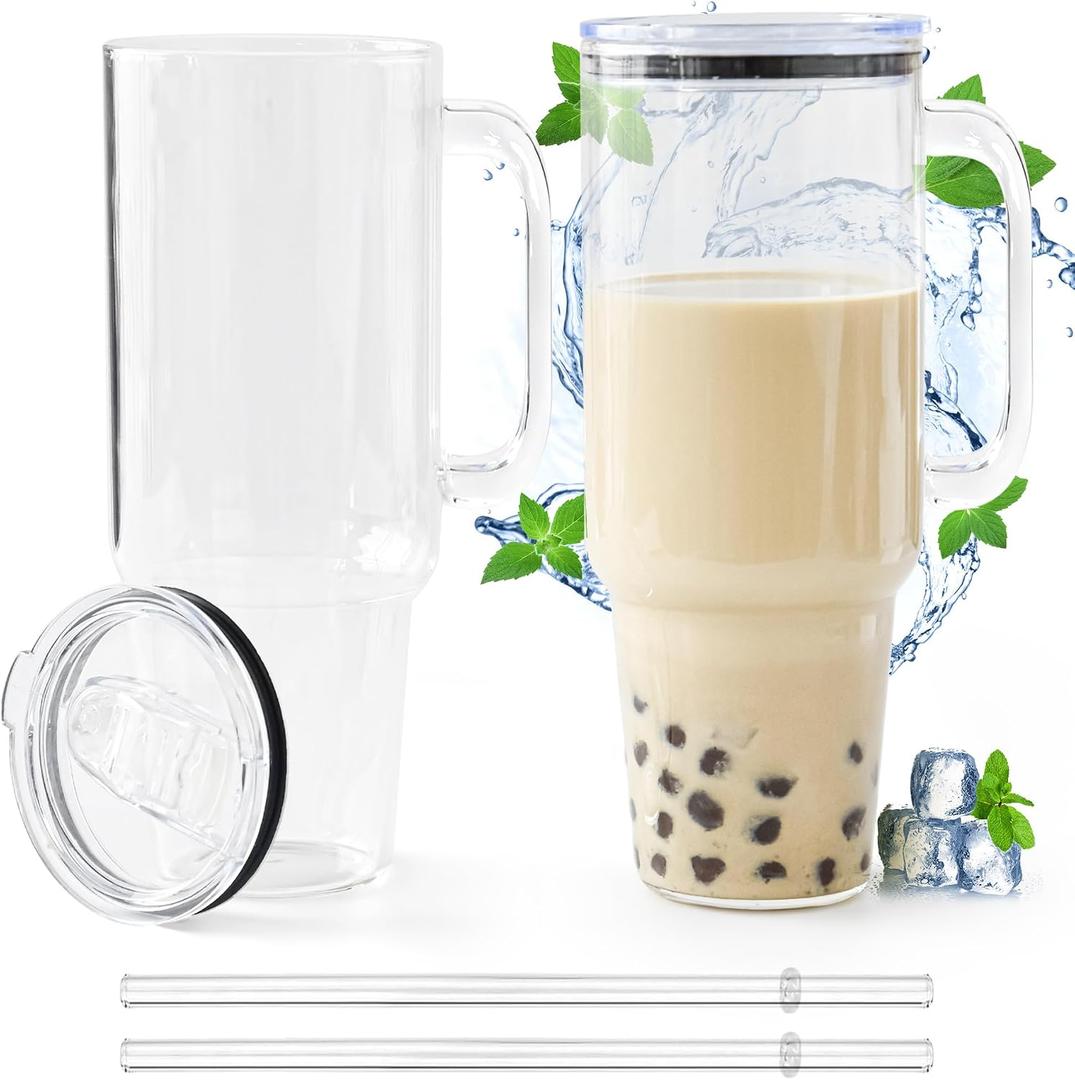 Glass Cups with Lids and Straws 40 oz Glass Tumbler with Straw and Lid 2 Pack Glass Tumbler with Handle Wide Mouth Iced Coffee Cups for Smoothies, Soda, Tea, with Acrylic Lids