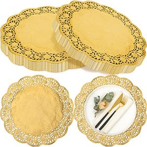 Yexiya 200 Pcs Doilies Lace Paper Doilies 14 Inches Disposable Foil Lace Placemats Large Round Paper Pad Placemats for Cakes Crafts Wedding Birthday Party Decoration(Gold)
