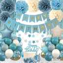 Blue Birthday Decorations - Blue Party Decor Balloons with Happy Birthday Banner Fringe Curtain Background Blue Pom Poms, Light Blue Birthday Decorations for Baby Boys Girl Men Women