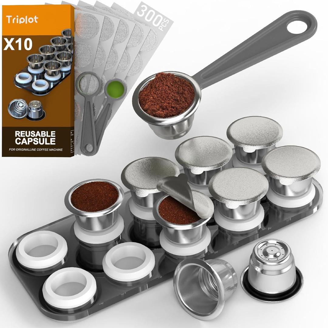 Triplot10pcs Reusable N*espresso Original Line Compatible Coffee Capsules with Storage Tray, 10Pods with 300pcs Foil Lids, Pre-fill Design