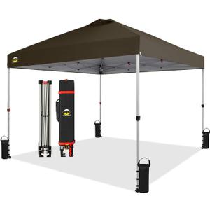 CROWN SHADES 10x10 Pop Up Canopy - Beach Tent with One Push Setup - Outdoor Sun Shade for Events, Parties, Camping - Gazebo with STO-N-Go Cover Bag, Silver Coated Top, 3 Height& 4 Sand Bags, Coffee