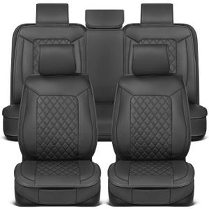 Prestige Faux Leather Seat Covers Full Set  Semi-Universal Fit for Cars, Trucks & SUVs  Napa Style 2 Front Seat Covers + Rear Bench  Durable Interior Protector, Easy Install (Black)