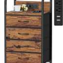 Furnulem Night Stand with Charging Station, Small Dresser with 4 Fabric Drawers, 33.3 Inch Tall Bedside Table, Storage Tower for Closet, Entryway, Bedroom Furniture, 3 Ways to Use, Rustic Brown