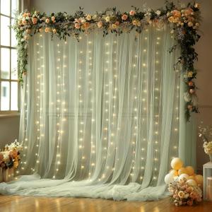 10x10FT Green Wrinkle Free Backdrop Curtains with Lights String for Parties - Photo Curtain Backdrop with Lights for Wedding Decorations, Bridal Baby Shower Birthday Party Photography Background  10FTx10FT (W5'xH10', 2 Panels), Sage Green