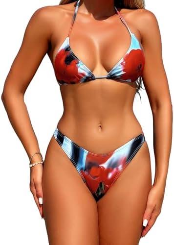 Verdusa Women's 2 Piece Tie Dye Floral Halter Triangle Bikini Sets Backless Tied Swimsuit L