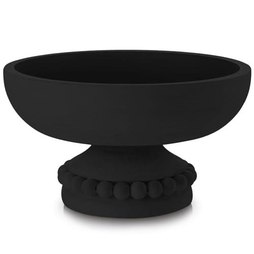 Amyhill Wood Pedestal Decorative Bowl 8 Inch Wooden Distressed Beaded Bowl for Dining Table Centerpiece, Farmhouse, Serving and Home Décor(Black)