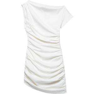 Summer Short Sleeve Mini Pleated Skirt Dress Diagonal Collar Slim (X-Small, White)