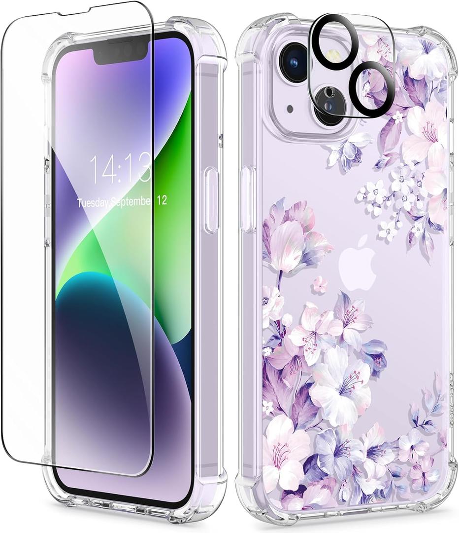 GVIEWIN for iPhone 14 Plus Case Floral, with Screen Protector&Camera Lens Protector,[Non Yellowing]Soft Shockproof Clear Phone Protective Cover for Women, Flower Pattern Design 6.7"(Foliolosa/Purple)