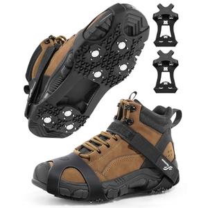 Sportneer Crampons： Ice Cleats for Shoes and Boots with 28 Spikes - Traction Slip-on Stretch Footwear for Walking and Shoveling on Ice and Snow - Lightweight for Women and Men, Black