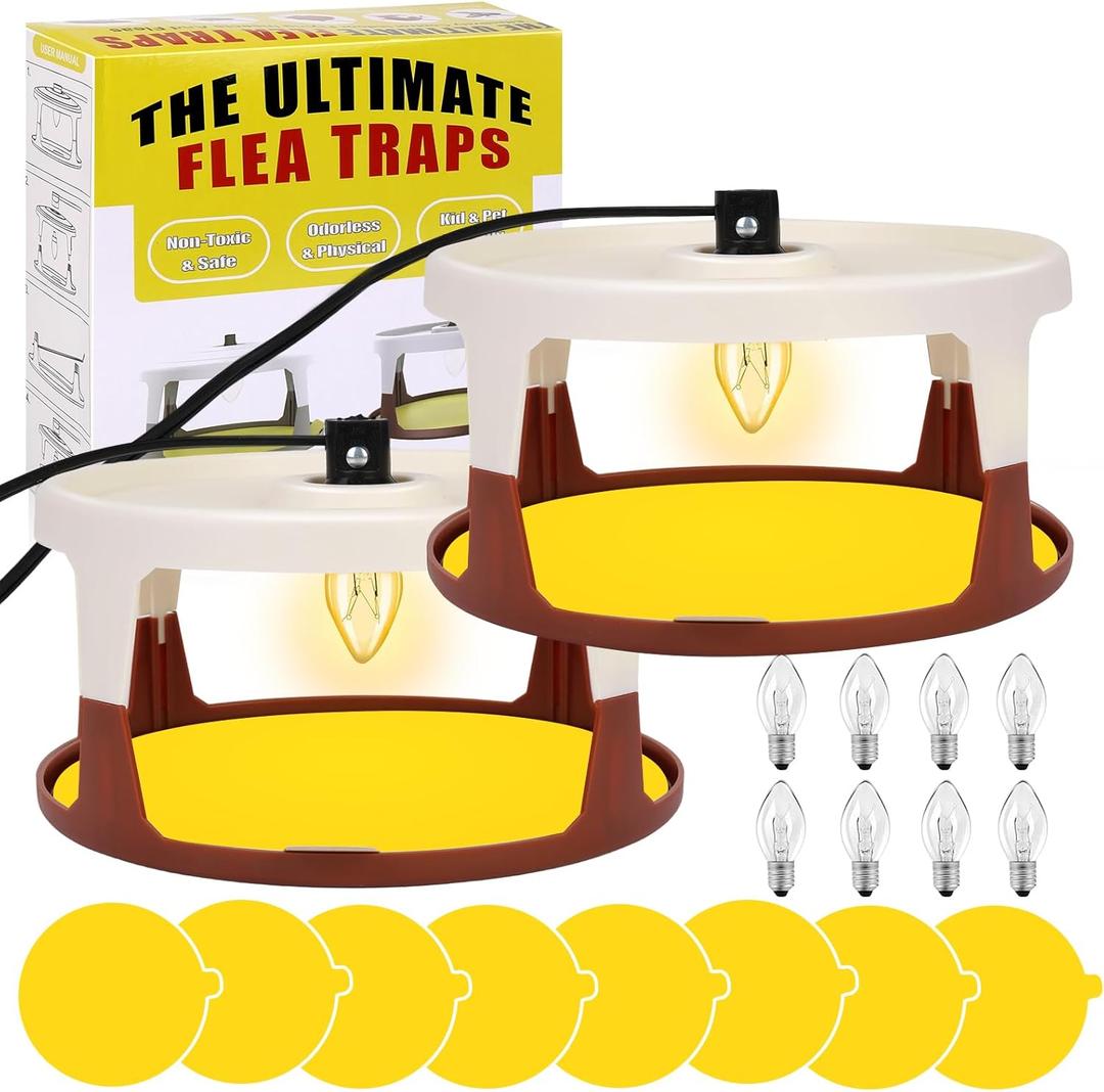 2 Pack Flea Traps for Inside Your Home, Indoor Flea Light, Bed Bug Killer with 8 Sticky Pads & 4 Light Bulb, Odorless Natural Insect Infestation Treatment Trap for Kid Pet