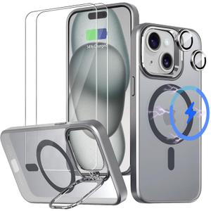 5 in 1 Case Designed for iPhone 15 with Screen Protector [2 Pack] + Camera Lens Protector [2 Pack] with 180 Lens Stand, Magnetic Car Mount Compatible - Silver
