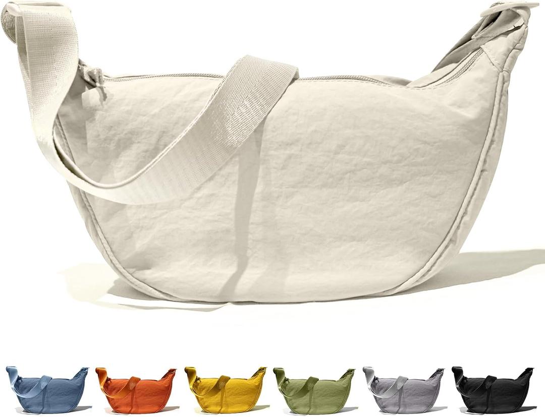 2 x Spacious Crescent Sling Bag for Women & Men, Lightweight Taslon Crossbody Shoulder Chest Bag with Adjustable Strap, Water-Resistant Casual Everyday Purse for Travel Work Shopping, Beige, 13.4 x 3 x 6 inches