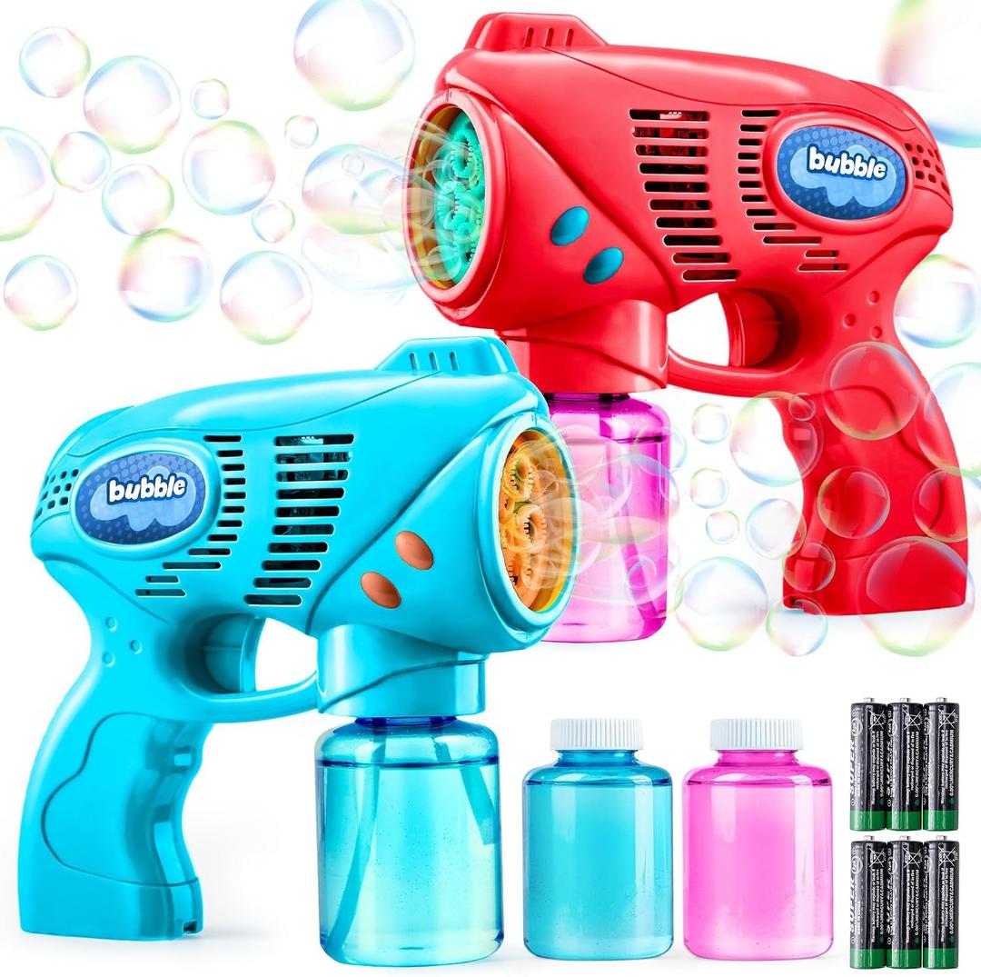 JOYIN 2 Bubble Guns with 2 Refill Solution (10 oz Total), Bubbles Maker, Blower, Machine Gun Blaster for Kids, Toddlers, Outdoors Activity, Party, Birthday Gift, Easter Toys (Blue+Red), 6.8 x 7.8 x 6 inches