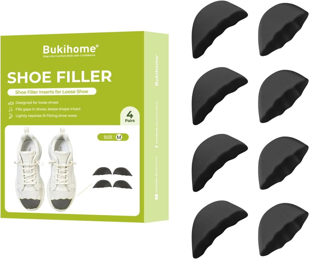 Bukihome Shoe Filler Insert - 4 Pairs Shoe Filler for Too Big Shoes, Heel Cushions for Women, Toe Inserts, Size Reducer Make Shoes Fit, Cushions for Women, Black, M