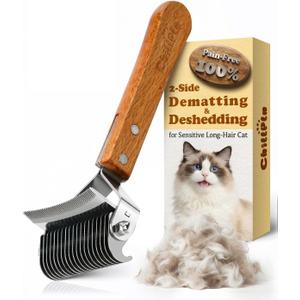 Cat Brush for Long Haired Cats - Double Sided Dematting Undercoat Rake for Persian, Ragdoll, Maine Coon - Professional Grooming Tool to Remove Mats, Tangles & Shedding - Skin-Safe Teeth